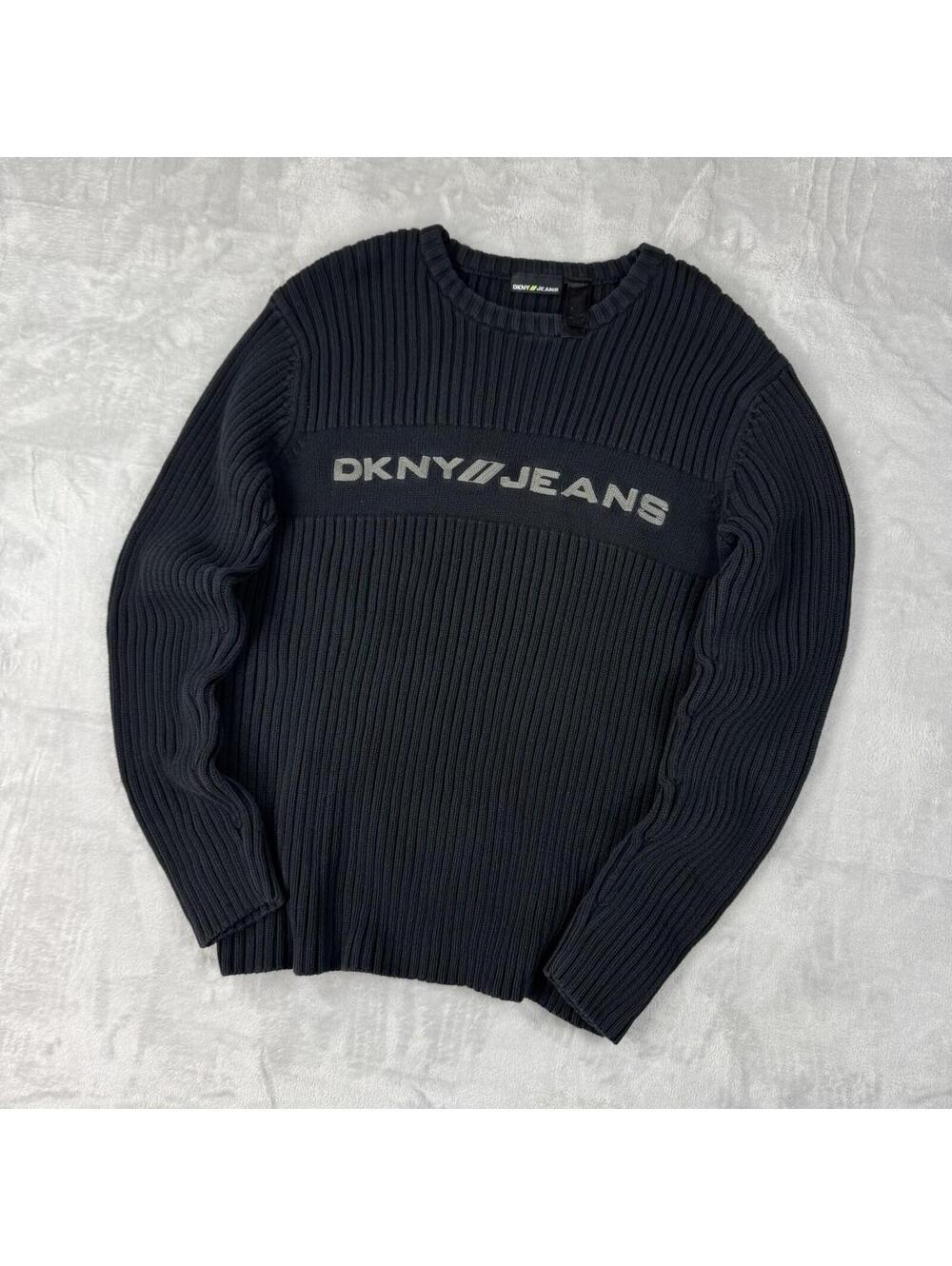 DKNY Jean Ribbed Long Sleeve Sweater Men's Size S Black Logo Crew Neck VTG Y2K